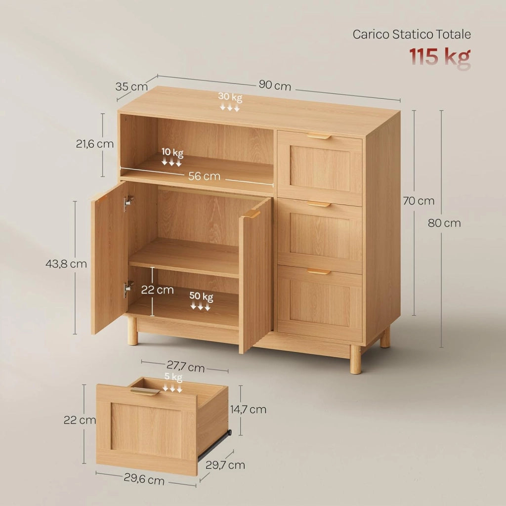 Credenza con 3 Cassetti, 2 Ante e 1 Scomparto Aperto, Mobile da Cucina Salvaspazio in Legno, con Ripiano Regolabile, per Soggiorno, Cucina, 90x35x80 cm, Effetto Legno