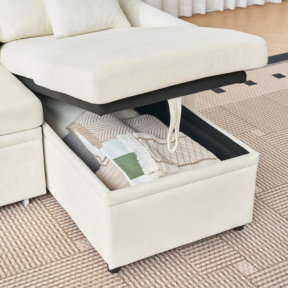 Divano letto angolare con contenitore - Xylo - Montaggio bilaterale, spazio di archiviazione, morbido chenille, beige