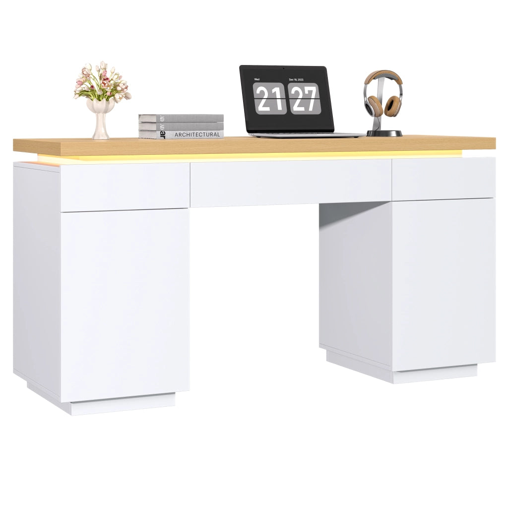 Scrivania con LED multicolore; 140 x 50 cm; 3 cassetti e 2 ante; MDF bianco e rovere