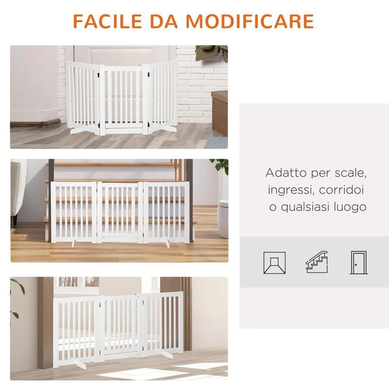 CANCELLINO PER CANI PIEGHEVOLE A 3 PANNELLI, PORTA CENTRALE CON BLOCCO, STRUTTURA IN MDF, 155X76CM BIANCO