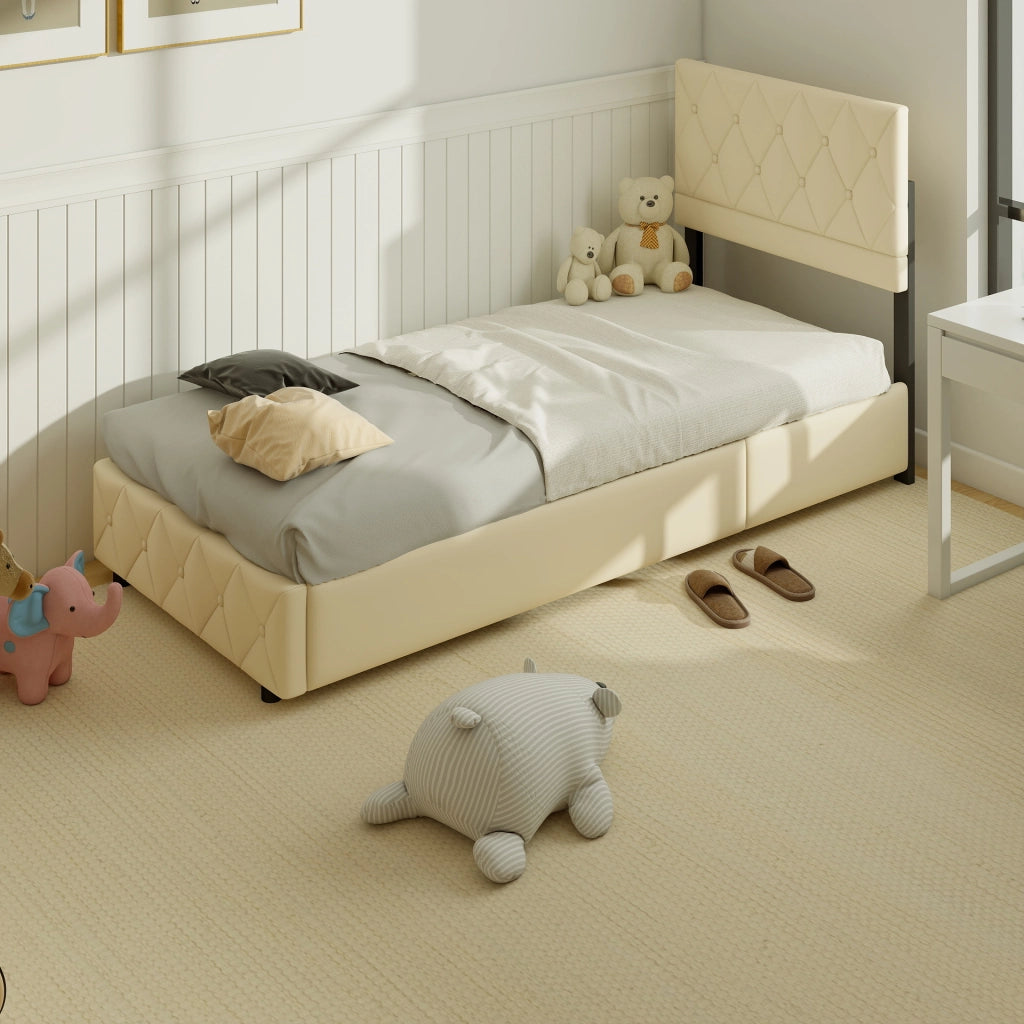 Letto imbottito singolo 90 × 190 cm con rete a doghe in velluto beige, struttura stabile e montaggio facile