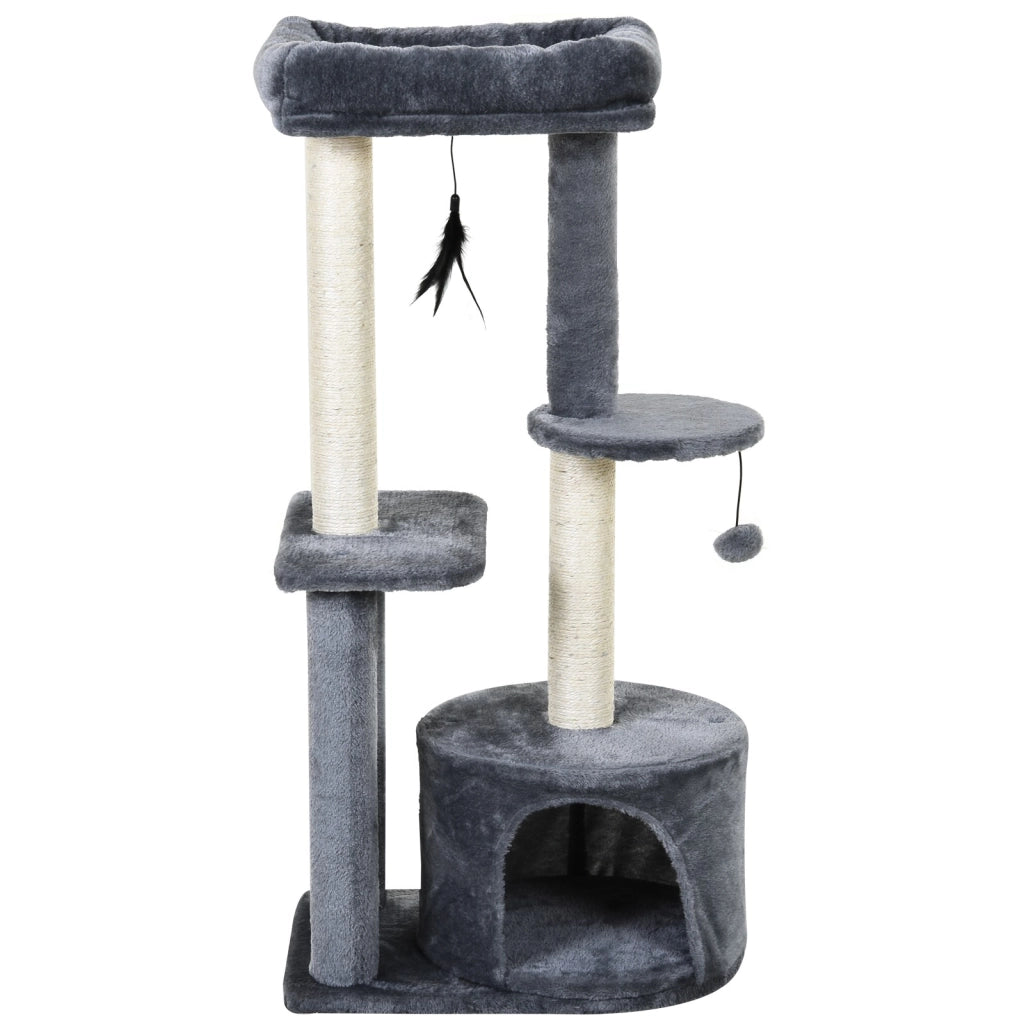 Easycomfort Albero Tiragraffi per Gatti Adulti su più Livelli, Castello per Gatti con Cuccia, Posatoio e 2 Ripiani, Bianco e Grigio, 48x35x100cm