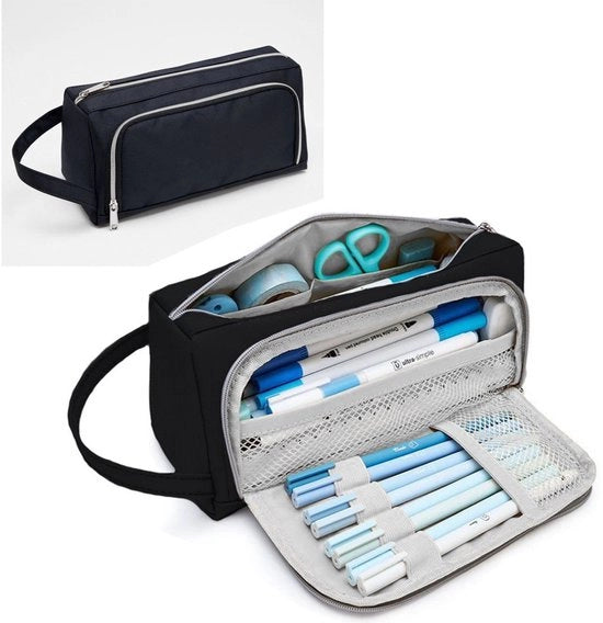 Etui grande a 2 compartimenti, organizzatore per etui, attrezzature scolastiche, grande organizzatore per attrezzature ufficiali con maniglie per ragazze, studentesse, adolescenti e adulti, nero, 22 x 11 x 9 cm