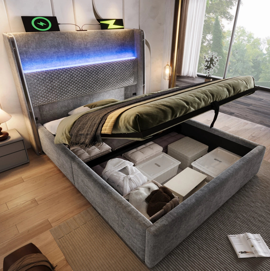 Letto 90x200 cm con testiera alta, LED, presa USB/Type-C e materasso incluso