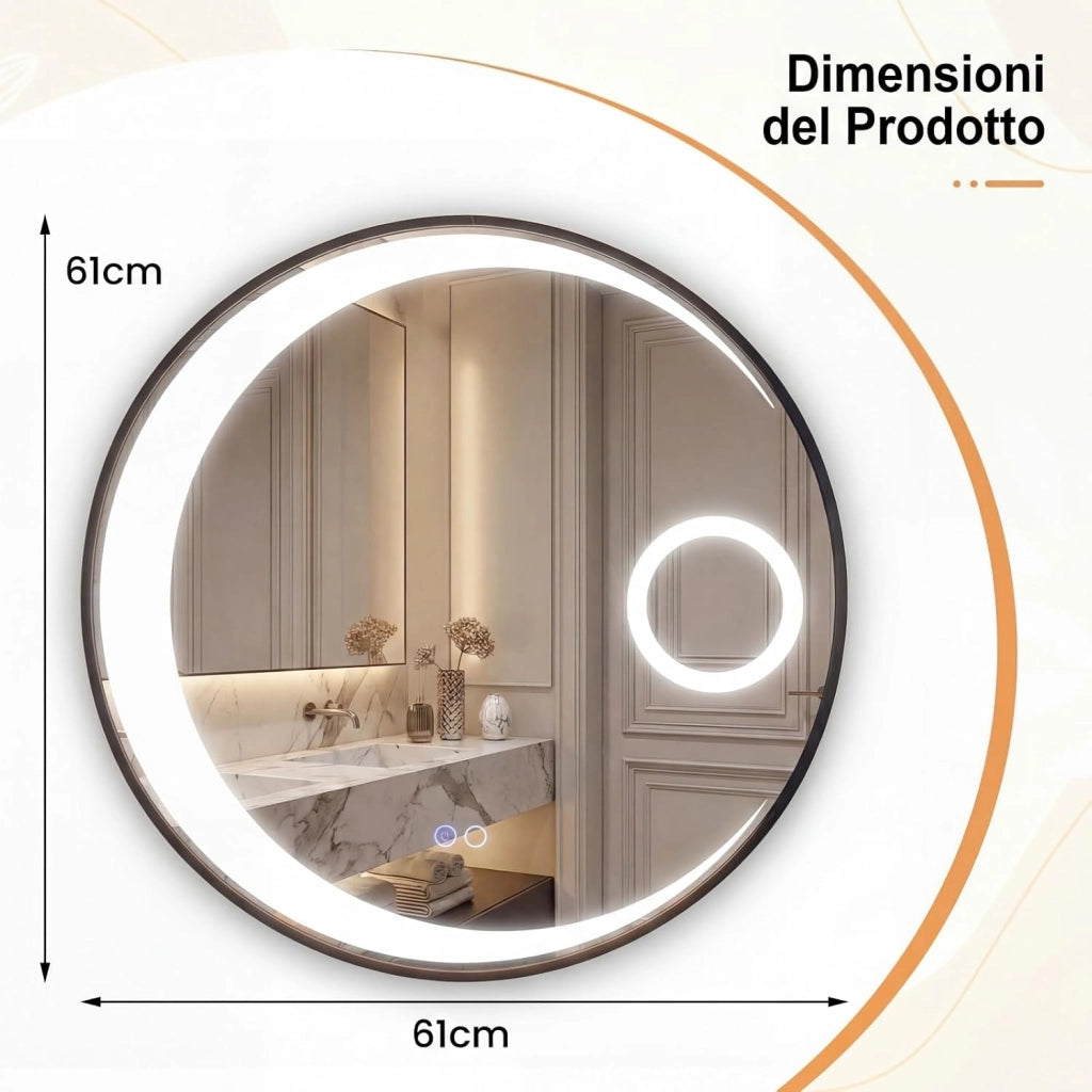 Specchio Bagno con Luce LED da 61 cm, Specchio Rotondo da Parete con Lente d'Ingrandimento 3X, Antiappannamento, 3 Colori Luce, 3000K-6500K, Luminosità Regolabile, IP44