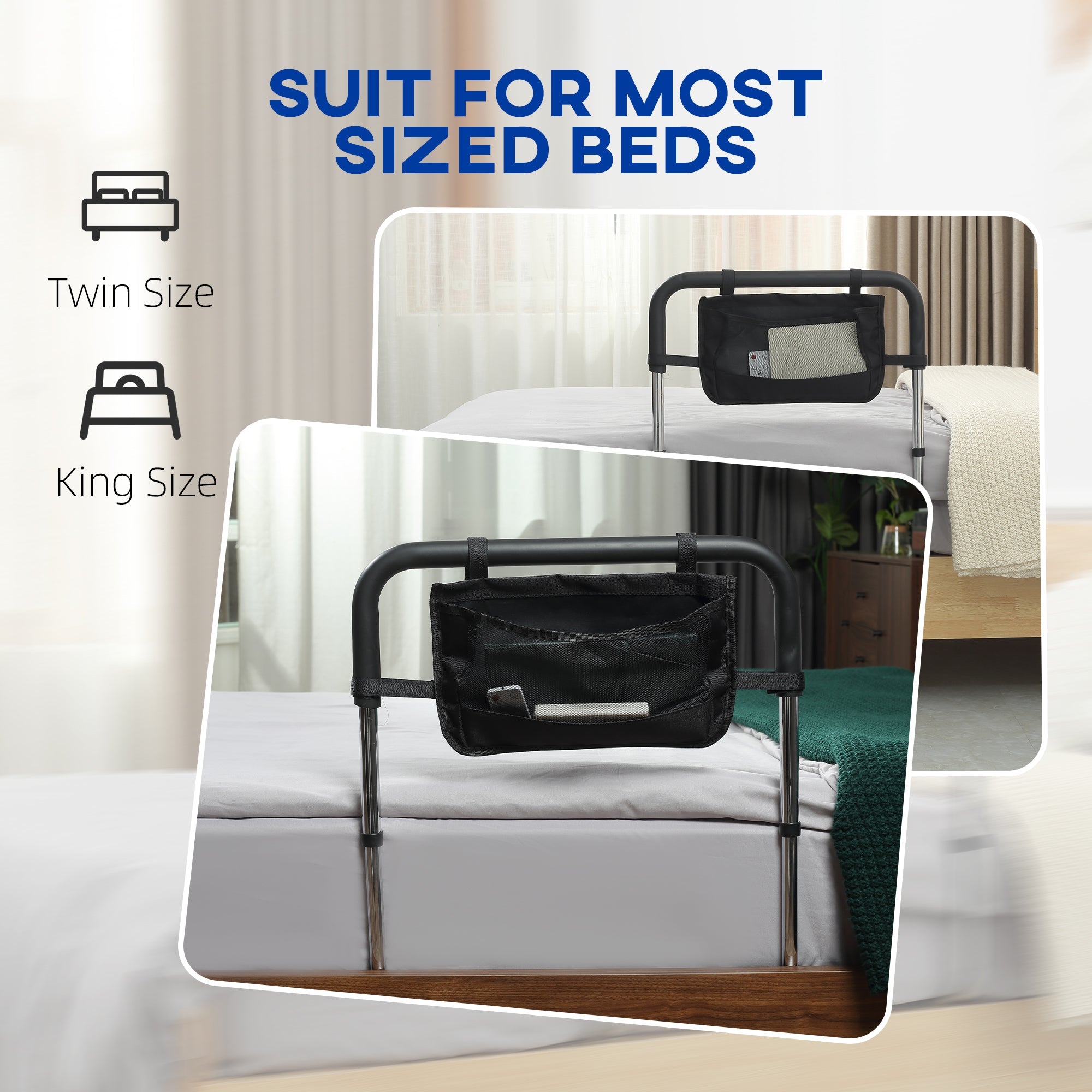 Maniglia Letto per Anziani 87x51,5 cm Larghezza e Altezza Regolabile in Acciaio Argento