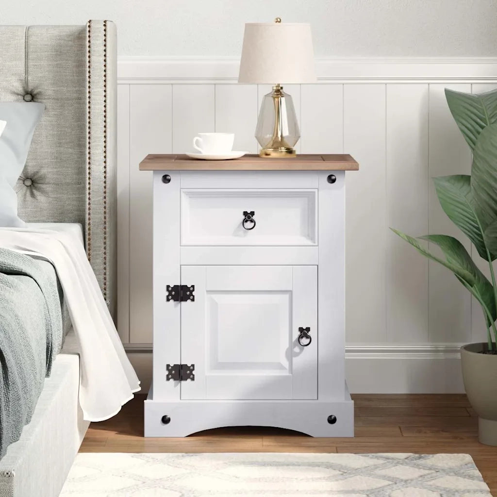 Comodino | Armadio da Notte | Mobiletto da notte in Legno di Pino Messicano Corona Bianco 53x39x67 cm