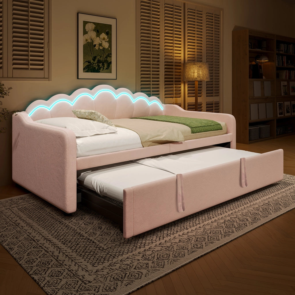 Letto imbottito pieghevole con luci LED 90x200 cm velluto rosa