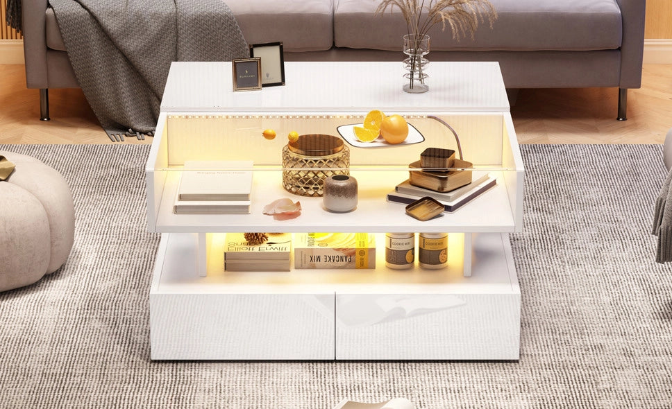 TAVOLINO da caffè 80x80x45 cm bianco in pannello di legno e vetro temperato