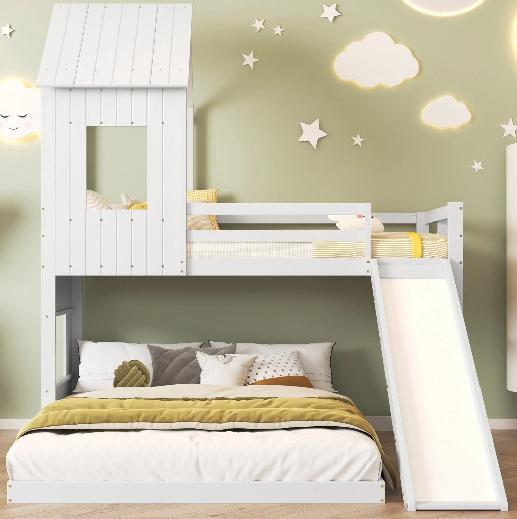 Letto a castello con scivolo 210x227x216 cm con tetto; finestra e scala a 3 gradini in legno e MDF bianco