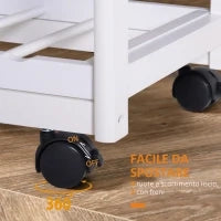 Carrello da Cucina Multiuso con 2 Cassetti, 2 Ripiani e 2 Cesti, in Legno di Pino, 74x37x76 cm, Bianco