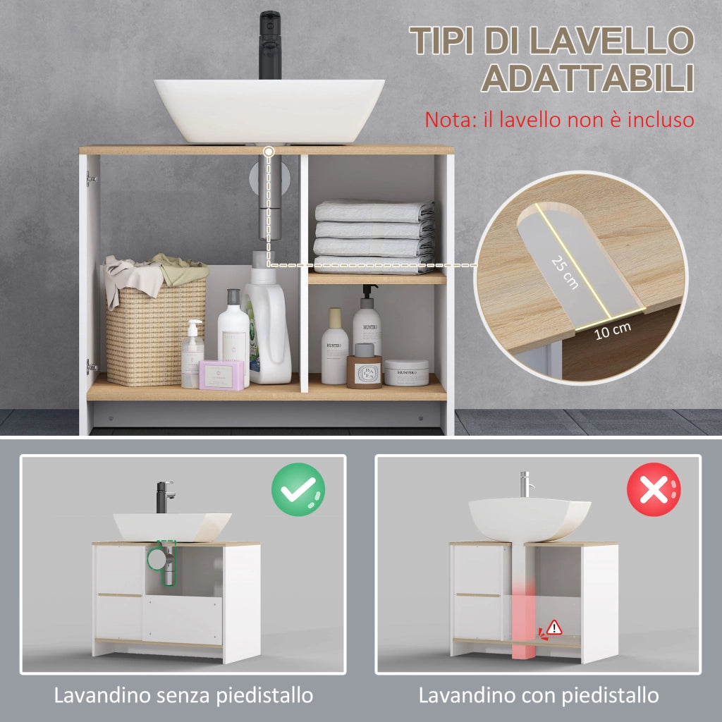 Mobile Bagno Sottolavabo con Armadietto e 2 Mensole in Legno, 77x45x60 cm, Bianco e Legno