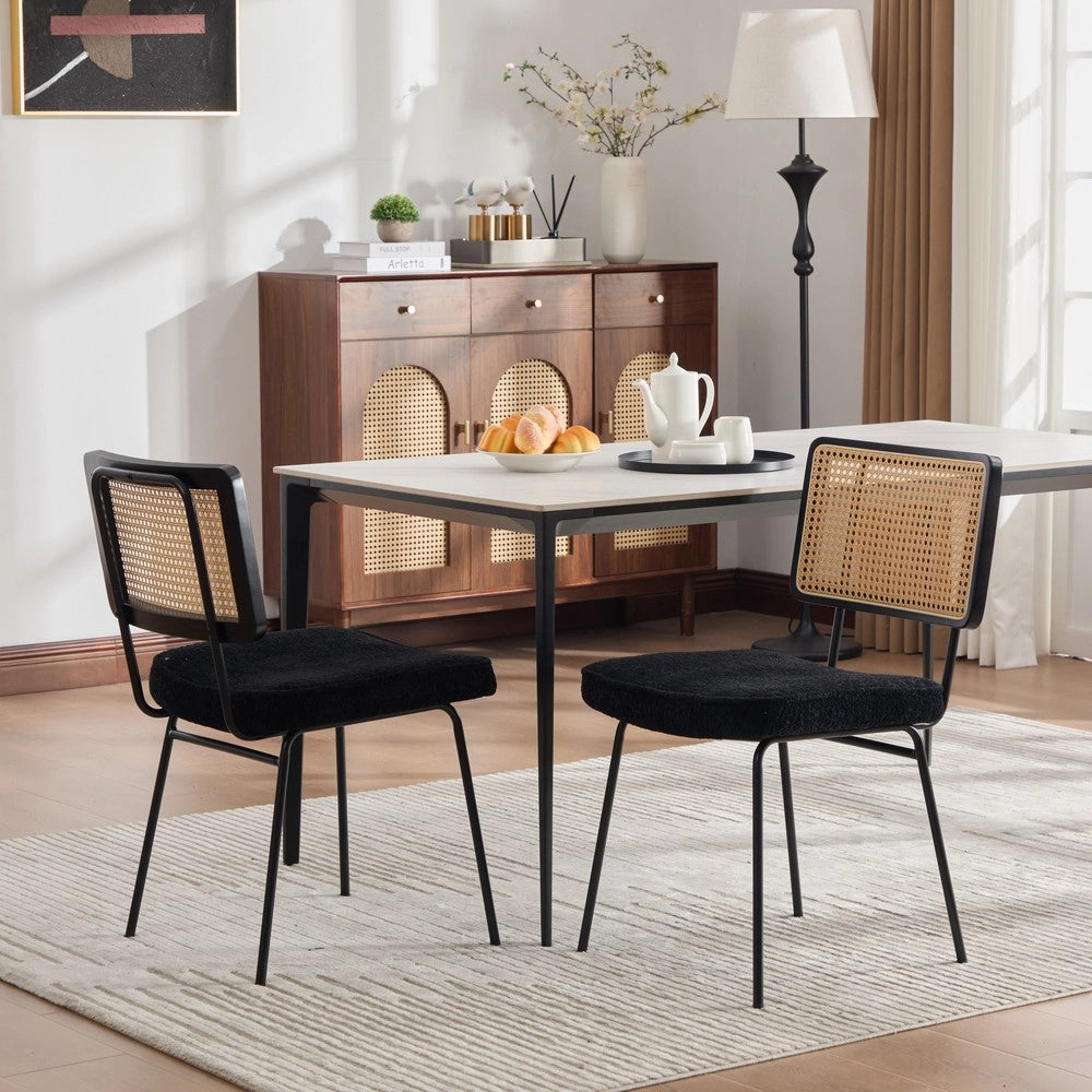 Sedie da Pranzo Set 2 Pezzi in Tessuto Chenille ¨C MINIMAL ¨C Gambe Metallo, Schienale Legno Massello, Effetto Rattan, Nero