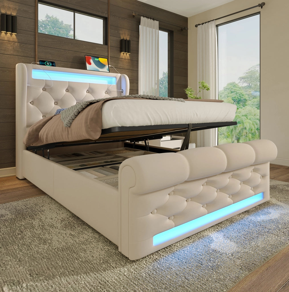 Letto imbottito 90x200 cm beige in velluto con LED, USB-C e vano contenitore