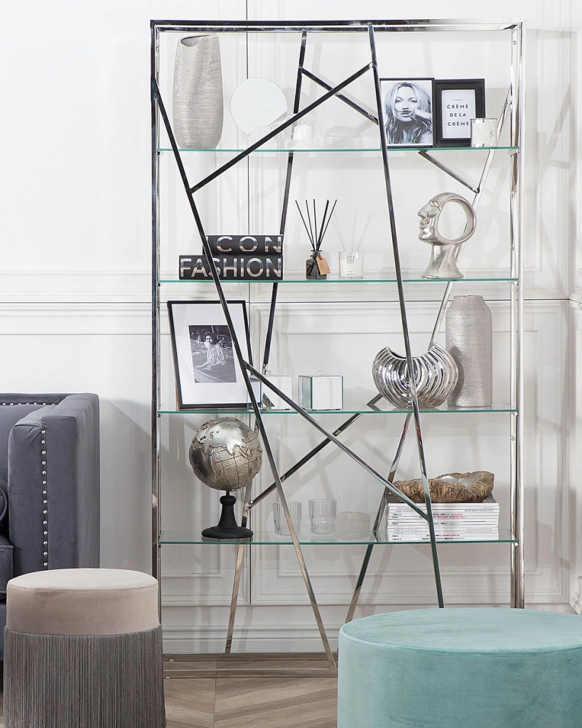 Libreria Argento 4 Gomme Vetro Temperato Cornice Acciaio Inossidabile 175 x 100 cm Decorativo Glam