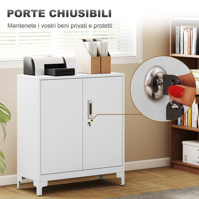 Armadietto Portadocumenti 80x35x91 cm con 2 Ante e Chiavi in Metallo Bianco