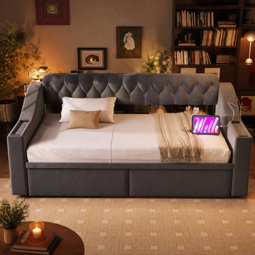Letto imbottito trasformabile 90x190 cm in velluto con contenitore, USB e cassetti, grigio chiaro