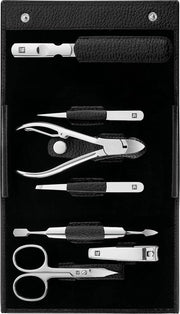 Set di manicure 7 pezzi in acciaio inox classico con borsa in pelle nera.