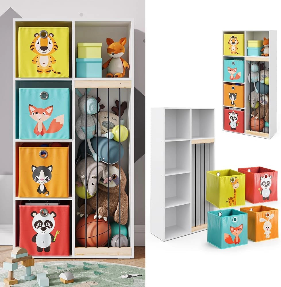 Libreria bambini Marvin, Bianco, 72 x 143 cm con 4 scatole pieghevoli opt.1, adatto per riporre giocattoli e libri