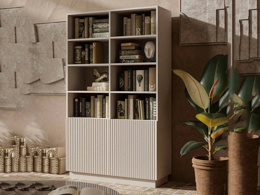 Libreria Miniato, Mobile portalibri con vani aperti e due ante, Design moderno e minimale, 172x40 h100 cm, Beige