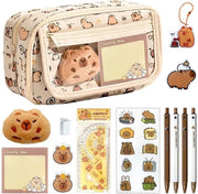 Kit di scrittura 24 pezzi per bambini, 9 strati, grande capacità, custodia Capybara, set di scrittura per bambini con penne, clips, righelli e altro, set di regalo per bambini