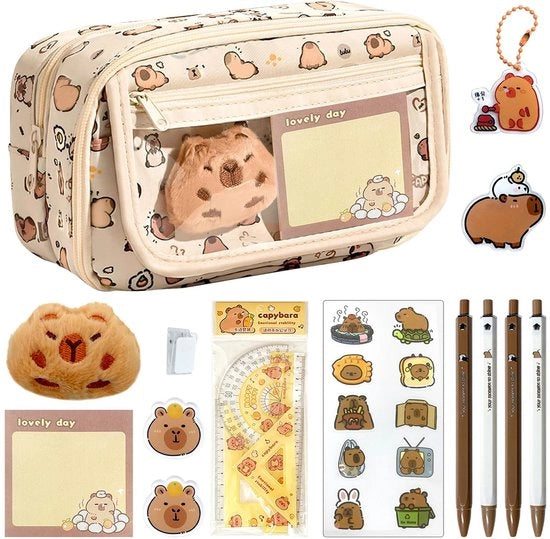 Kit di scrittura 24 pezzi per bambini, 9 strati, grande capacità, custodia Capybara, set di scrittura per bambini con penne, clips, righelli e altro, set di regalo per bambini