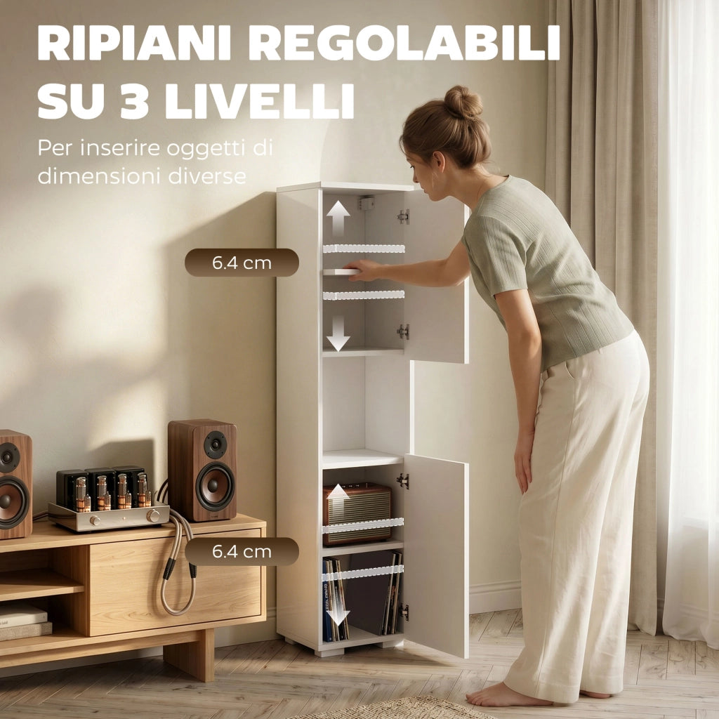 Mobile Multimediale Slim 27x30x132 cm a 5 Ripiani con Ripiani Regolabili Bianco