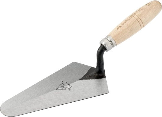 Trovella spagnola in legno di betulla con manico per lavori di muratura e pavimentazione, dimensioni 105 x 121 x 350 mm