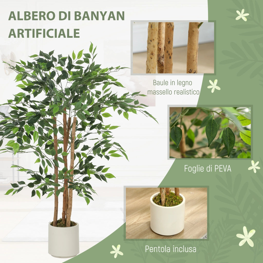 Pianta Artificiale di Baniano Verde in PEVA e Legno con Vaso Contenitore in PP e Cemento, 55x55x120 cm