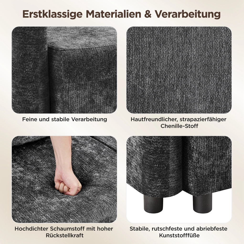 Divano angolare 3 posti a L in chenille nero; con chaise longue integrata e 2 cuscini