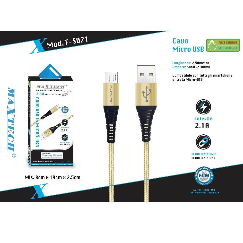 Trade Shop - Cavo Micro Usb A Usb Ricarica Dati Per Smartphone Samsung Huawei Maxtech F-s021 -