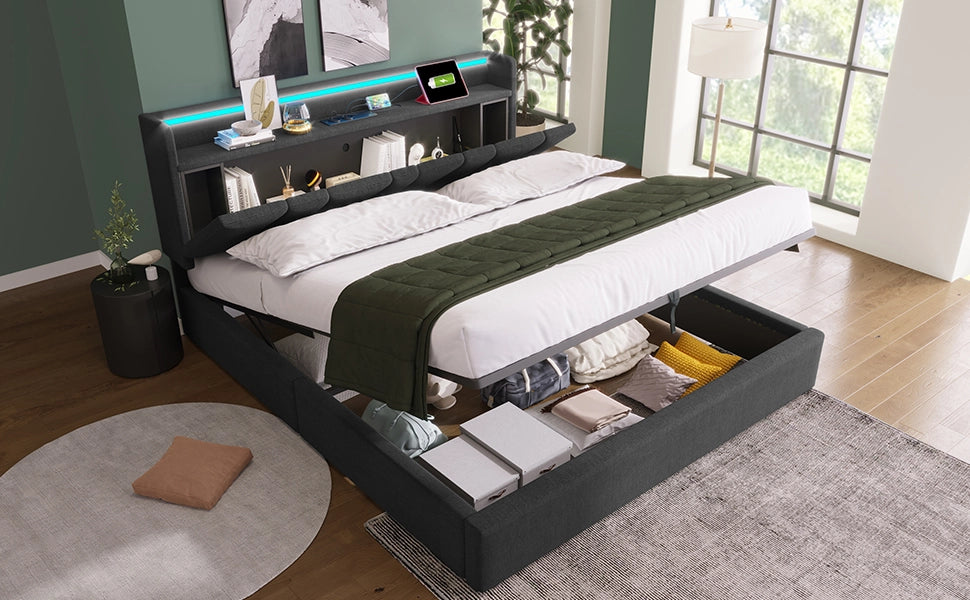 DESMIU Letto contenitore 140 × 190 cm 2 posti con testiera contenitore, USB, Type-C e LED, senza materasso, grigio