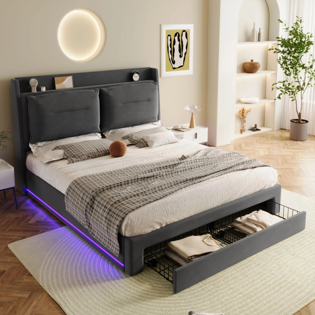 OKWISH Letto Contenitore 140×190 cm, Letto Matrimoniale con Sollevamento Idraulico, 1 Cassetto 2 in 1 e LED Regolabile, senza Materasso, in Velluto, Grigio Scuro