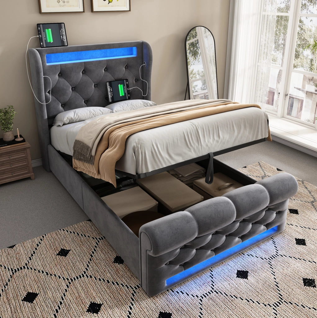 Letto singolo imbottito 90x200 cm in velluto grigio con LED; USB e Type-C; contenitore idraulico