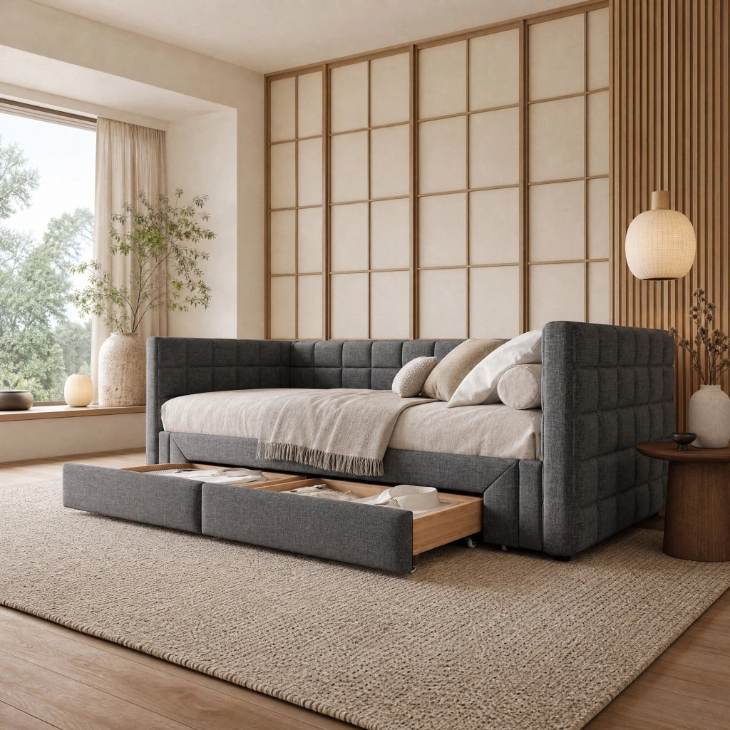 Divano letto estraibile 90 x 200 cm in velluto grigio con 2 cassetti