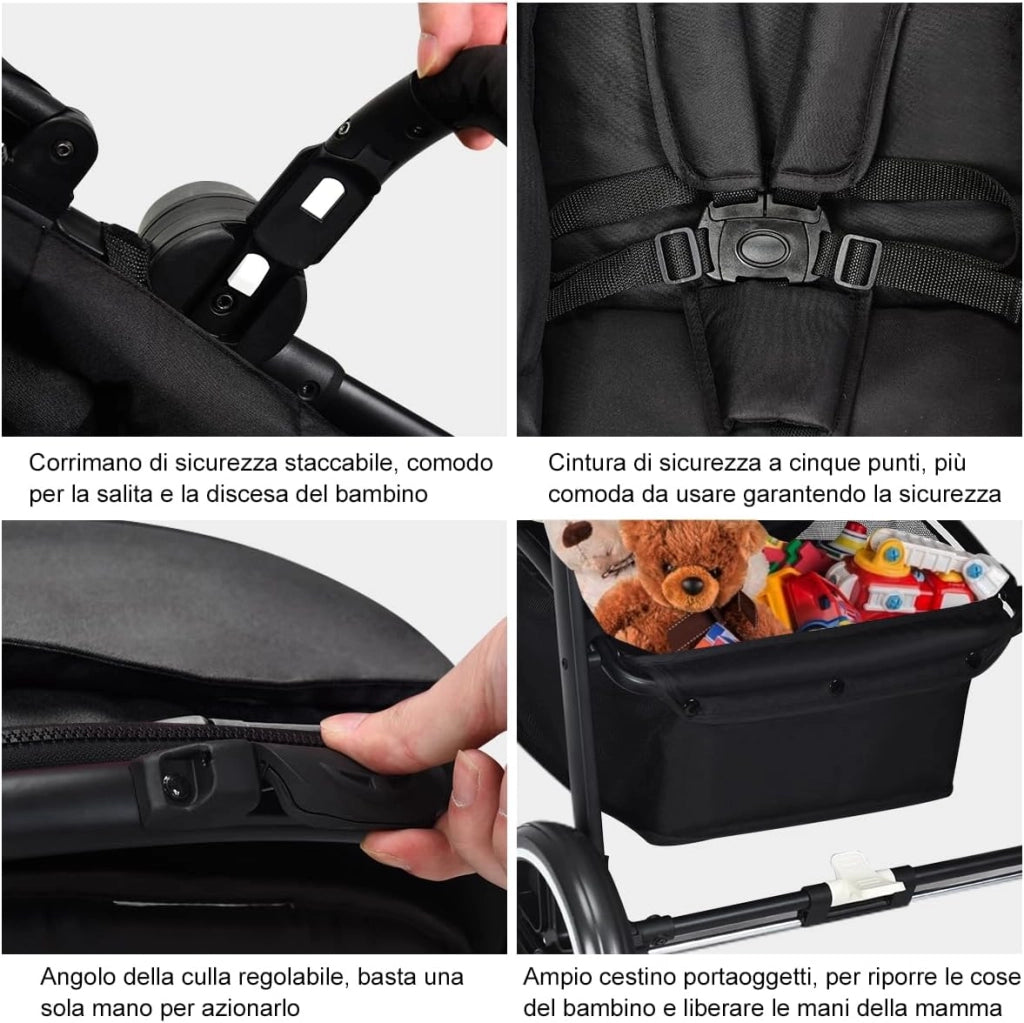 2 in 1 Passeggino per Bambini, Passeggino Pieghevole con Sedile Reversibile, Schienale Regolabile, Passeggino Leggero con Cintura di Sicurezza, Copertura, per Bambini 0-3 Anni (Nero)