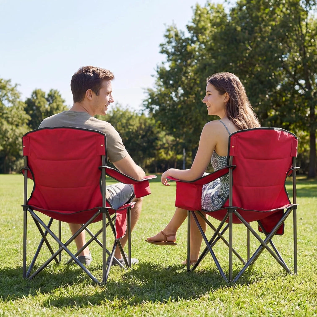 Sedia da Campeggio Pieghevole, Sedia da Esterno con Tasca Refrigerante, Portabicchiere, Tasca Laterale e Borsa, Sedia Portatile per Picnic, Escursioni e Pesca, Portata 150 kg (Rosso)