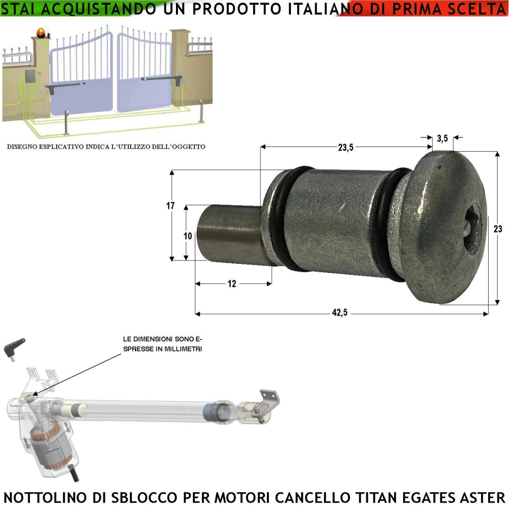 Sblocco Emergenza Motore Cancello Titan Aster Mover MPC E-Gates Linear Barilotto in Alluminio Pressofufo con Foro Esagonale Inserimento Chiave Forata Con Paragrasso e Pioggia Perno Acciaio di Sgancio
