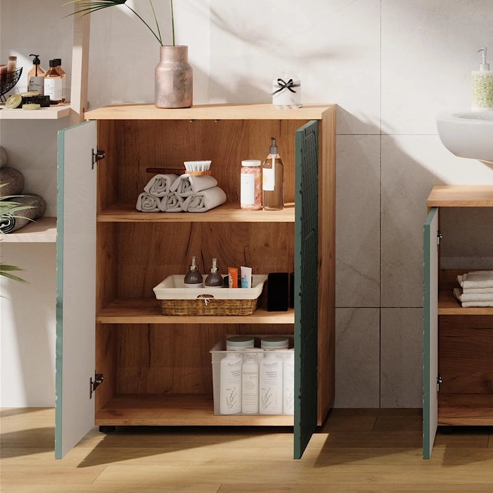 Mobile midi Irma, Goldkraft rovere/verde, 60 x 81 cm, per la conservazione in bagno e abbinabile alla serie Irma