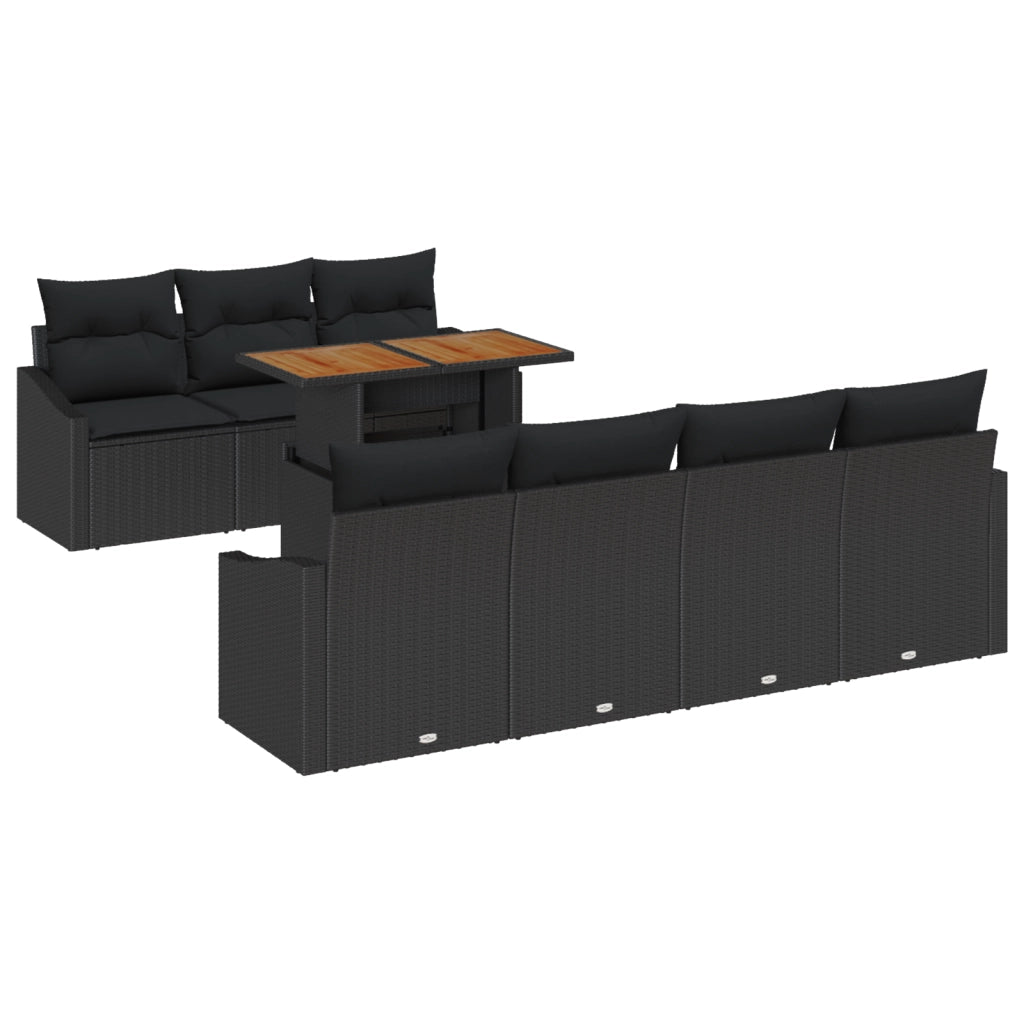 Set pranzo giardino 8 pezzi cuscini Nero Polyrattan Acacia