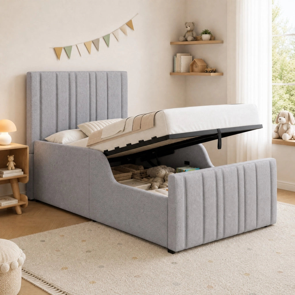 Letto singolo imbottito per Bambini con contenitore idraulico, rete a doghe, testiera e rivestimento in lino grigio 90x200 cm