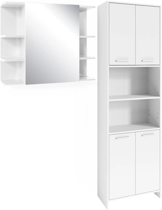 Set di mobili da bagno Maris, Bianco, 2 pezzi, con colonna e mobile a specchio per bagno, composto da armadio alto e armadietto a specchio