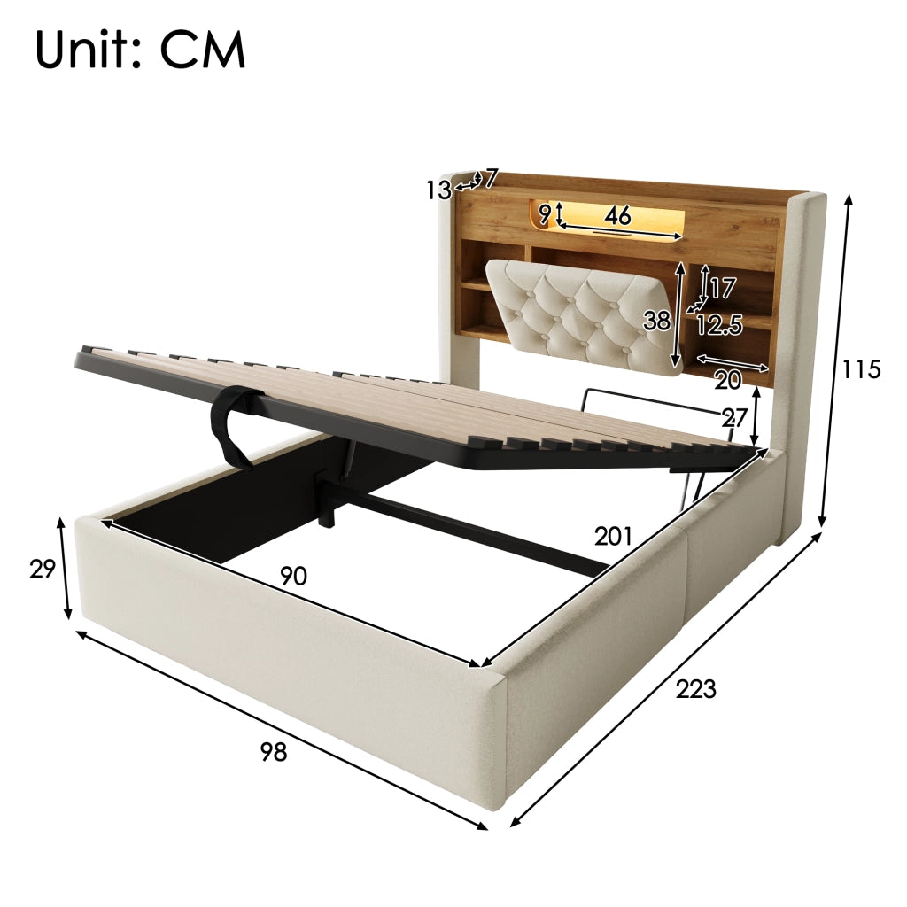 Letto Contenitore 90 x 200 cm; USB; Type-C; LED e Mensole - in Lino - Beige