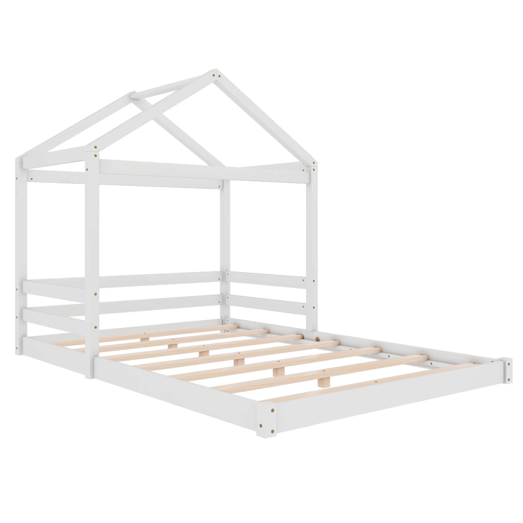 Letto a casetta per bambini 140x200 cm con rete a doghe, in legno di pino e MDF, bianco