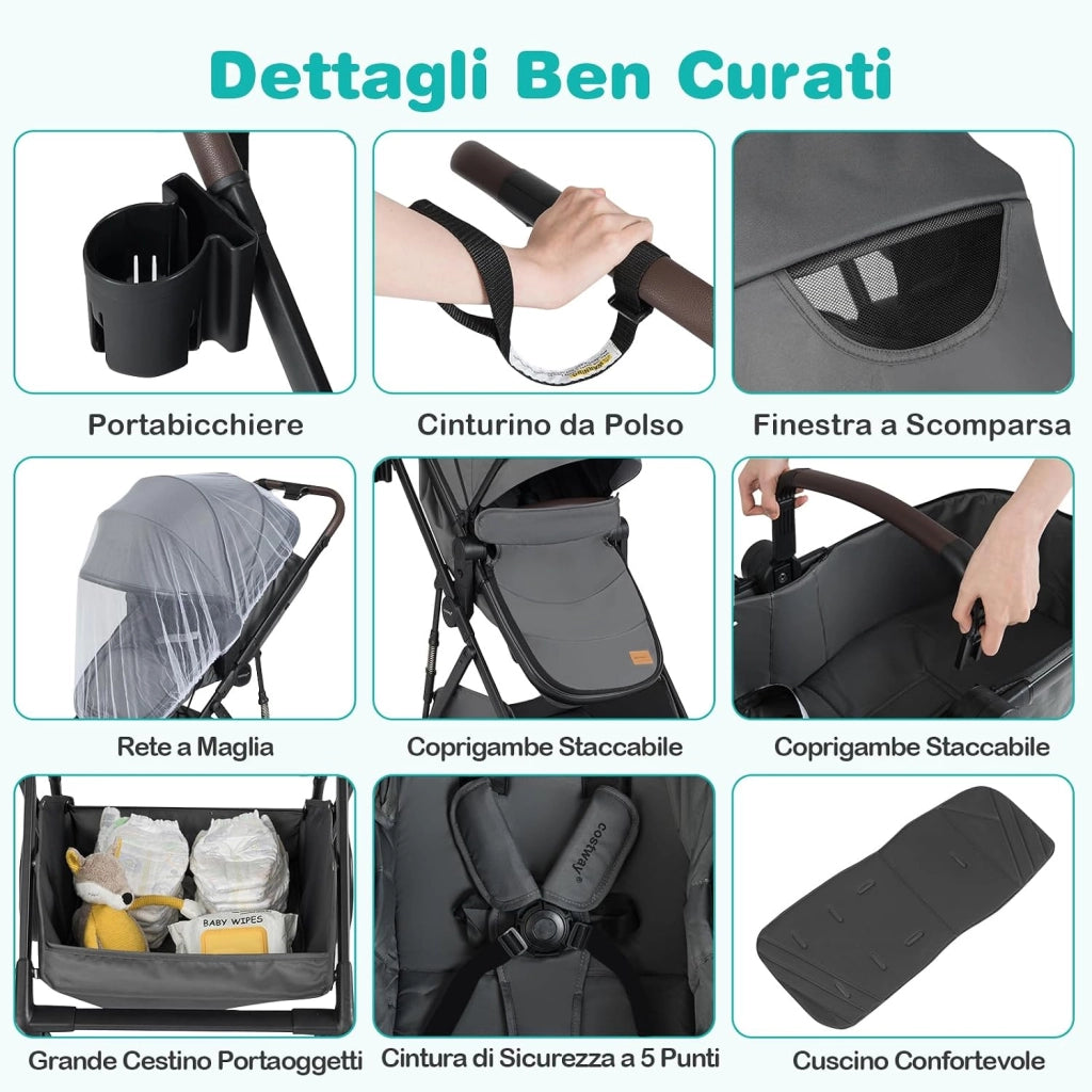 2 in 1 Passeggino Leggero Pieghevole per Bambini, con Schienale Regolabile, Sedile Reversibile, Tettuccio, Cestello Portaoeggetti, per Neonati per 0-36 Mesi (Grigio)