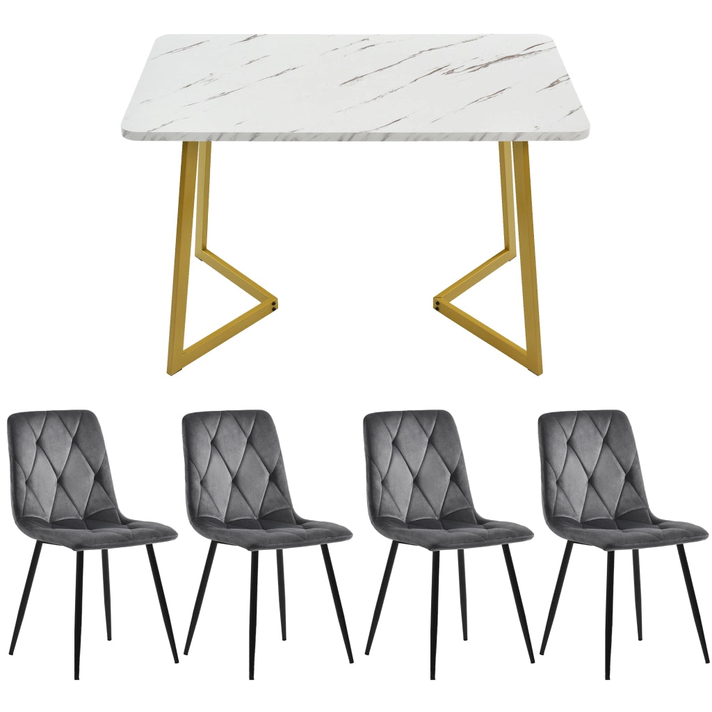 Tavolo da Pranzo Allungabile con 4 Sedie ¨C MINIMAL ¨C Rettangolare, Gambe Dorate, Velluto Grigio Scuro, 117x68 cm