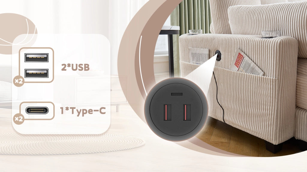 Divano modulare in velluto a coste con cuscini portabicchieri tasche laterali e porte USB separabile in due beige
