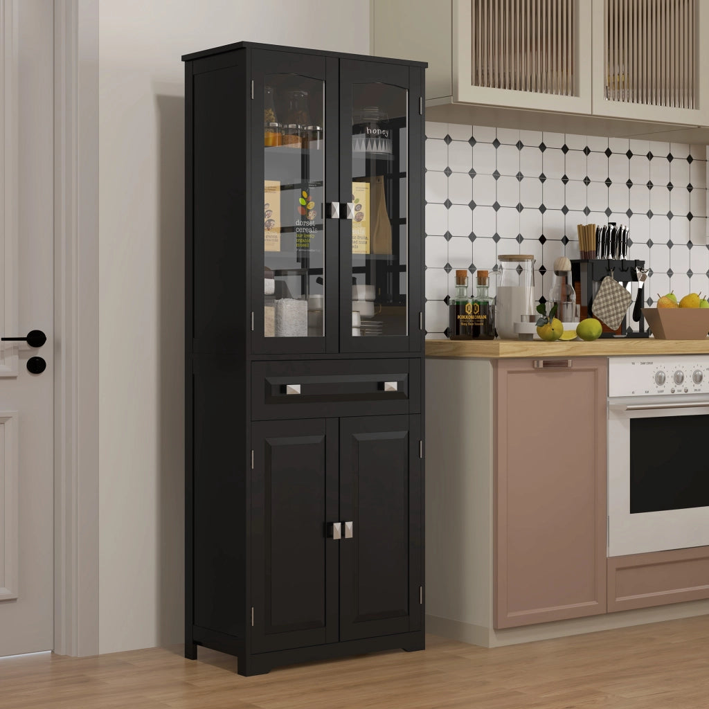 Armadio da Cucina 4 Ante con 2 Ante Vetrate e Cassetto ¨C Zephmum ¨C Nero 160x60x40 cm