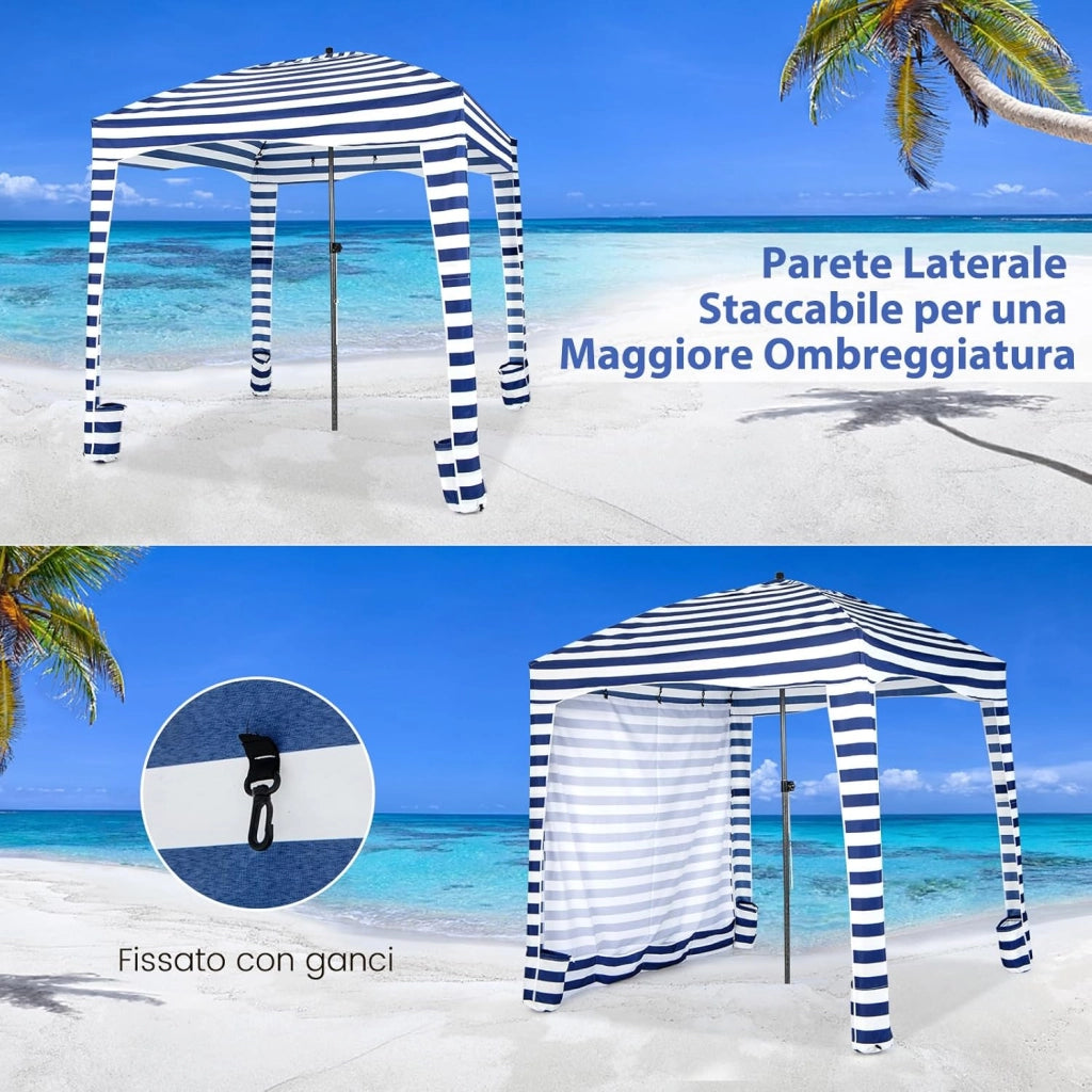 Tenda da Spiaggia Pieghevole 183 x 183 cm, Tenda da Mare con Borsa di Trasporto, Parete Removibile e 8 Tasche per Sabbia, per Spiaggia, Campeggio e Picnic (Blu e Bianco, 183 x 183 cm)
