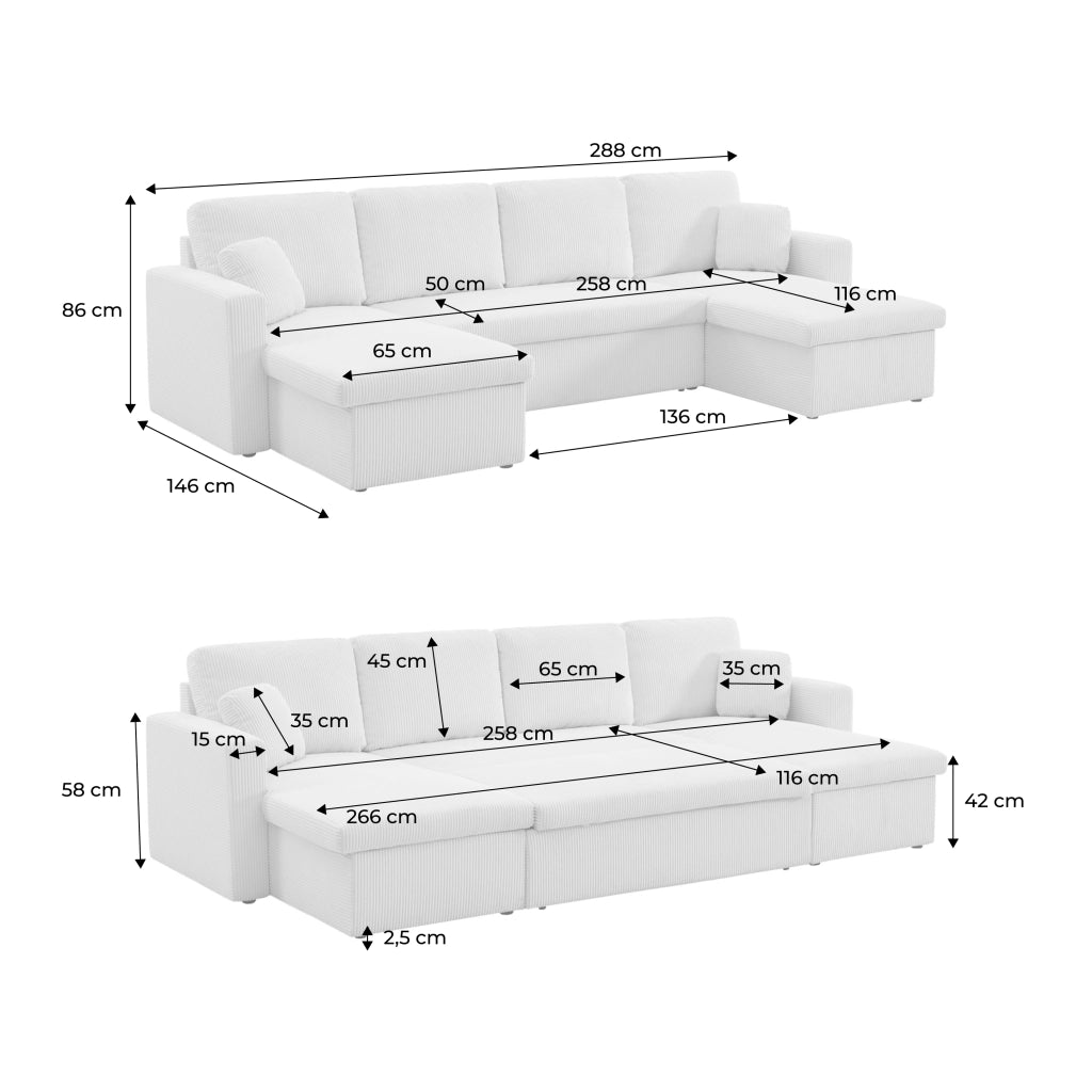Divano convertibile in velluto a coste con contenitore, 4 posti, beige